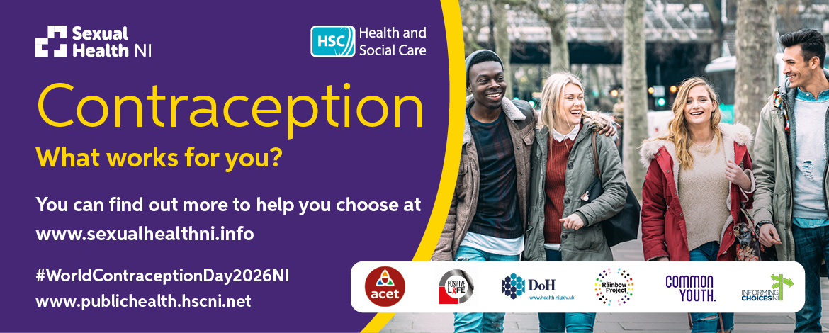World Contraception Day 2026 banner promoting contraception information, with four people walking outdoors and links to Northern Ireland sexual health resources.