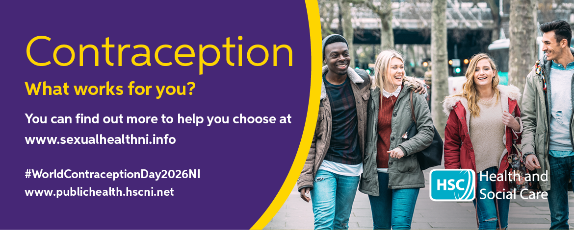 World Contraception Day 2026 banner promoting contraception information, with four people walking outdoors and links to Northern Ireland sexual health resources.